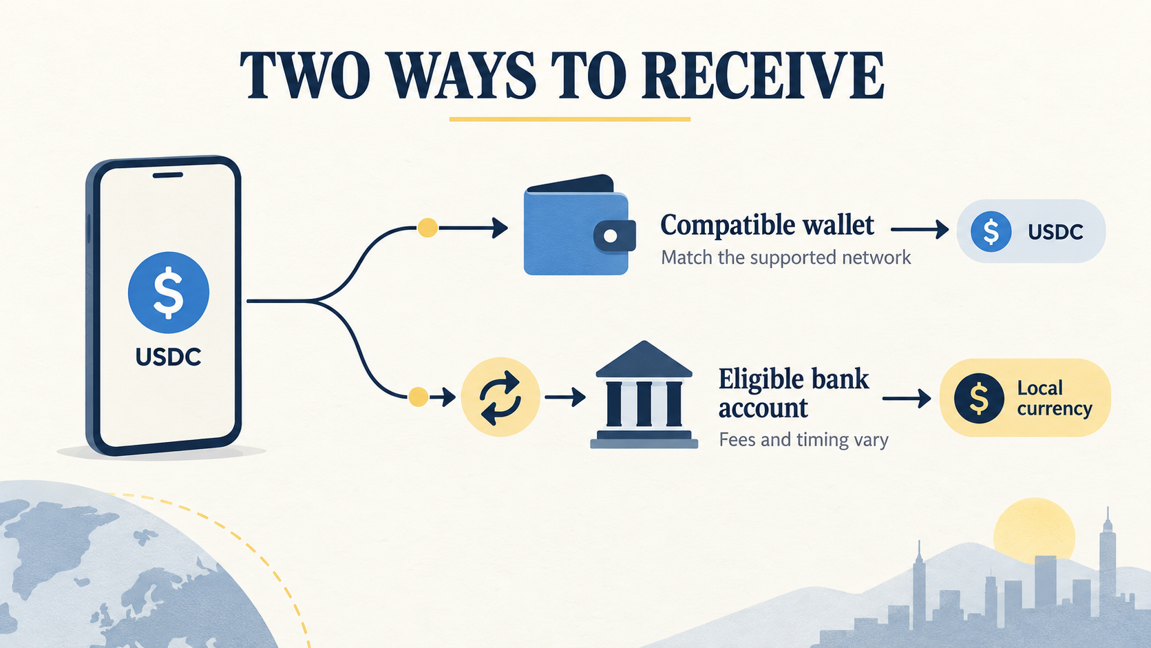 USDC transfer splits into a compatible-wallet route and a local-currency bank-account route