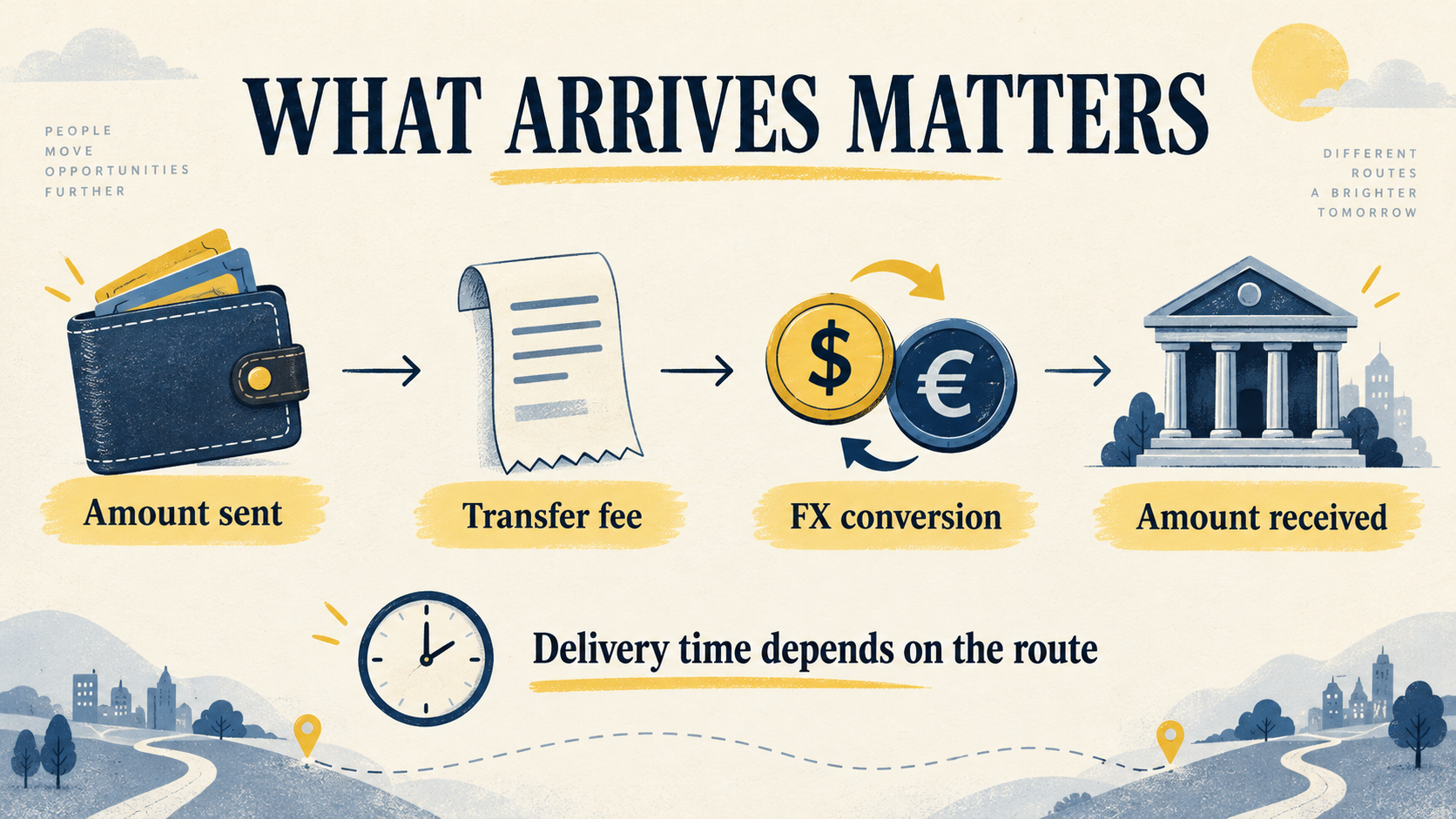 Transfer comparison showing amount sent, transfer fee, foreign-exchange conversion and amount received