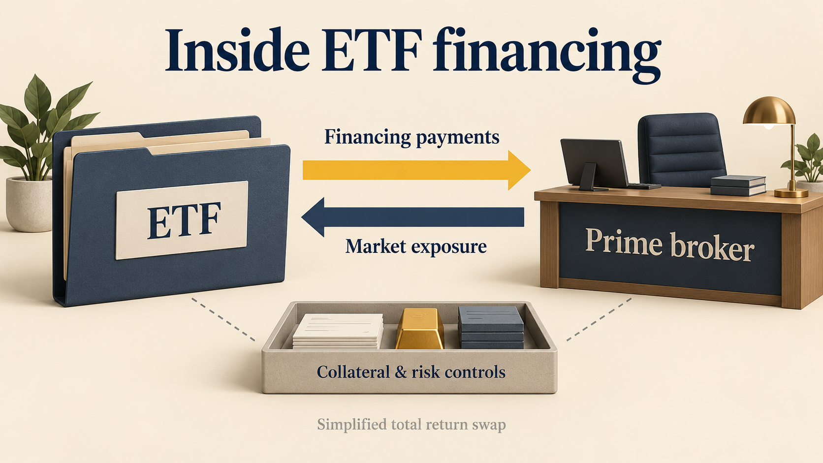 Simplified total return swap showing an ETF paying financing charges to a prime broker in exchange for market exposure