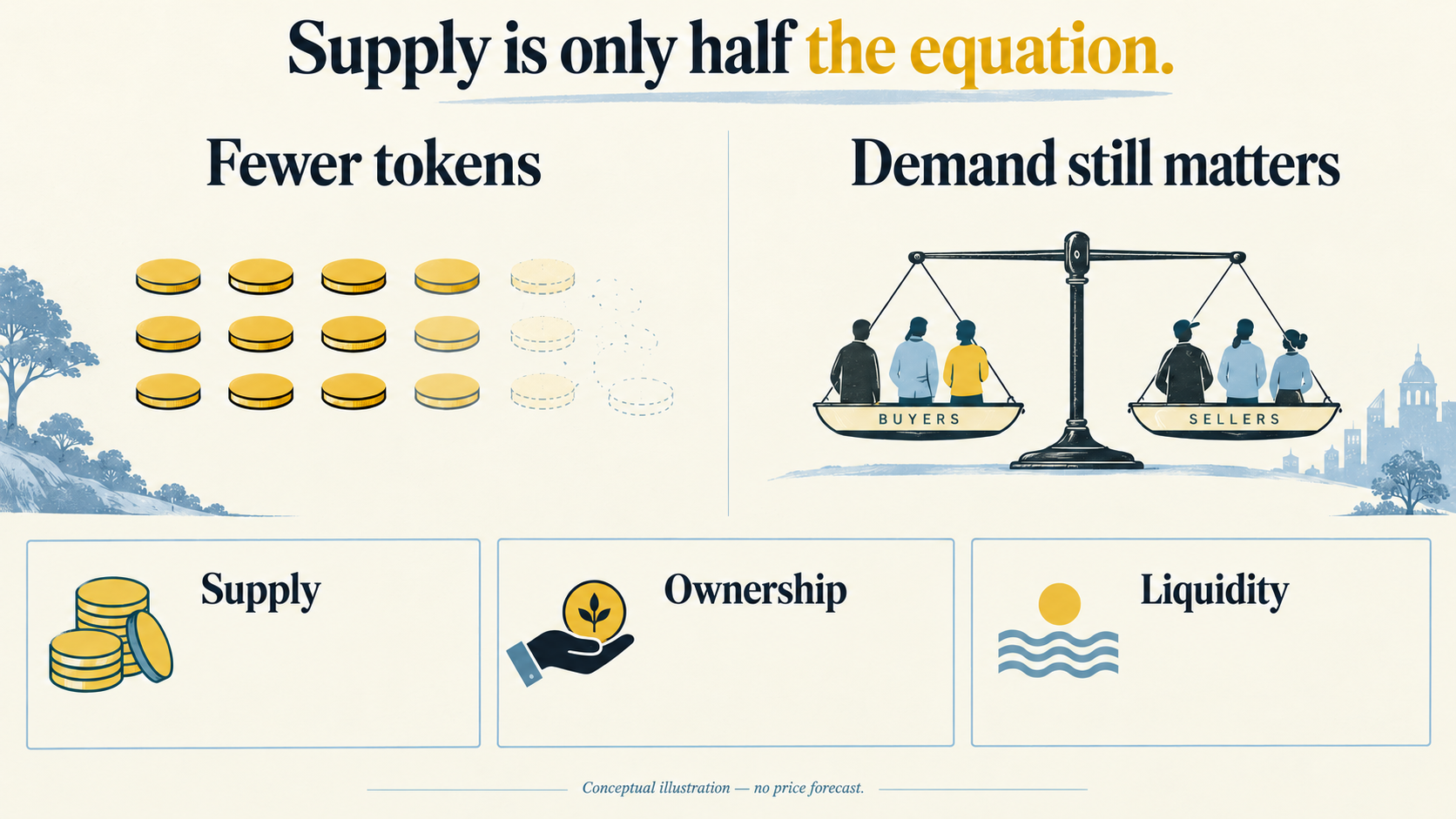 Conceptual illustration separating token supply, ownership and liquidity, with demand still affecting valuation