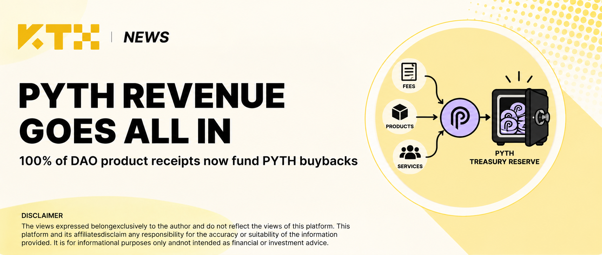 KTX News cover explaining how Pyth DAO product receipts fund PYTH buybacks