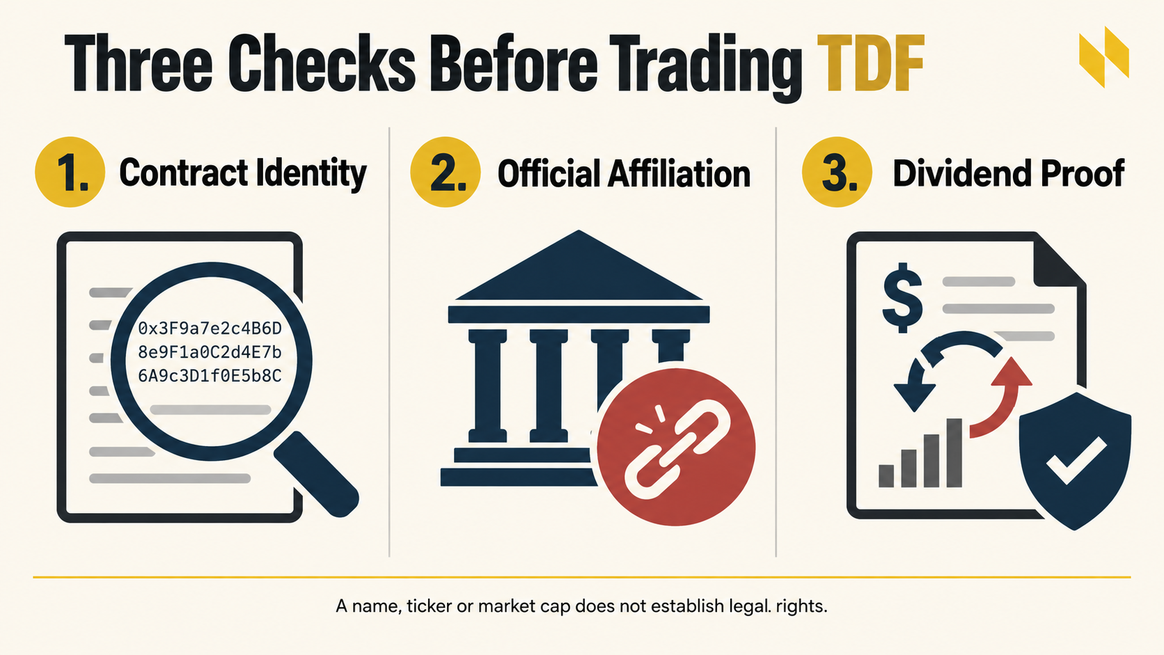 Three checks before trading TDF: contract identity, official affiliation and dividend proof