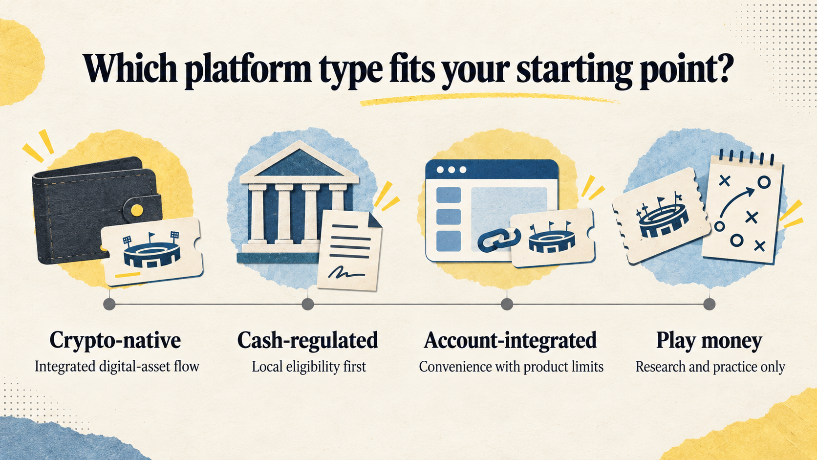 Four prediction market platform types: crypto-native, cash-regulated, account-integrated and play money