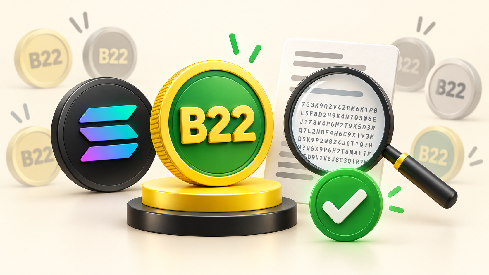 Illustration showing B22 identified by its exact Solana mint address rather than ticker alone