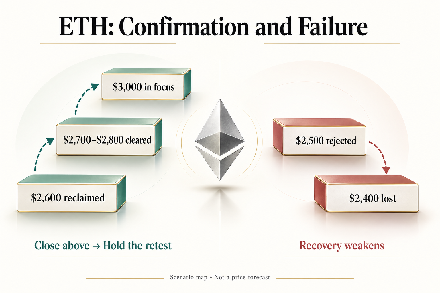 ETH 条件路径示意：收复 2600 美元并突破 2700 至 2800 美元后再看 3000 美元，2500 美元遇阻及2400 美元失守削弱修复