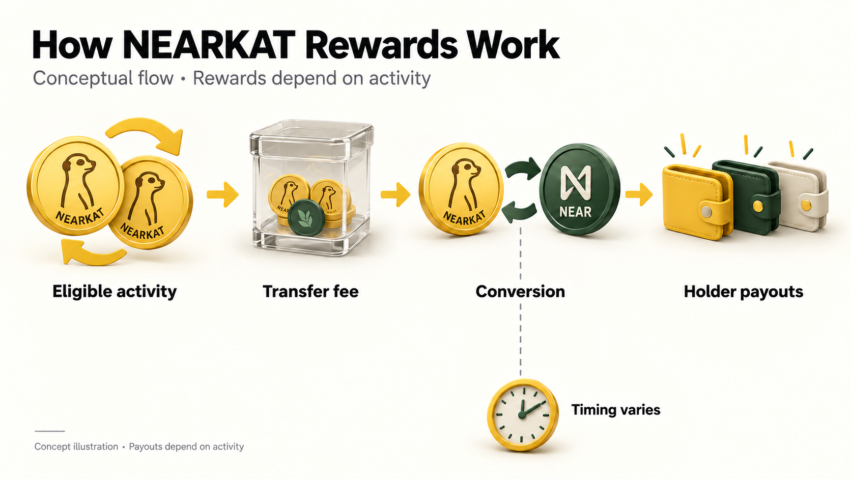 Conceptual NEARKAT reward flow from eligible activity through fee collection and conversion to holder payouts, with variable timing