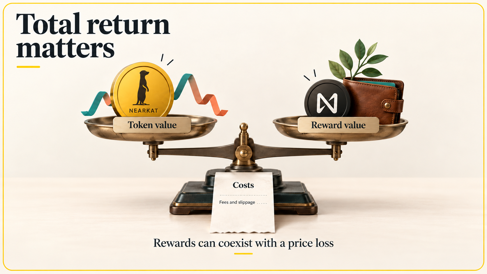 A conceptual balance scale comparing NEARKAT token value with NEAR reward value and a receipt for fees and slippage