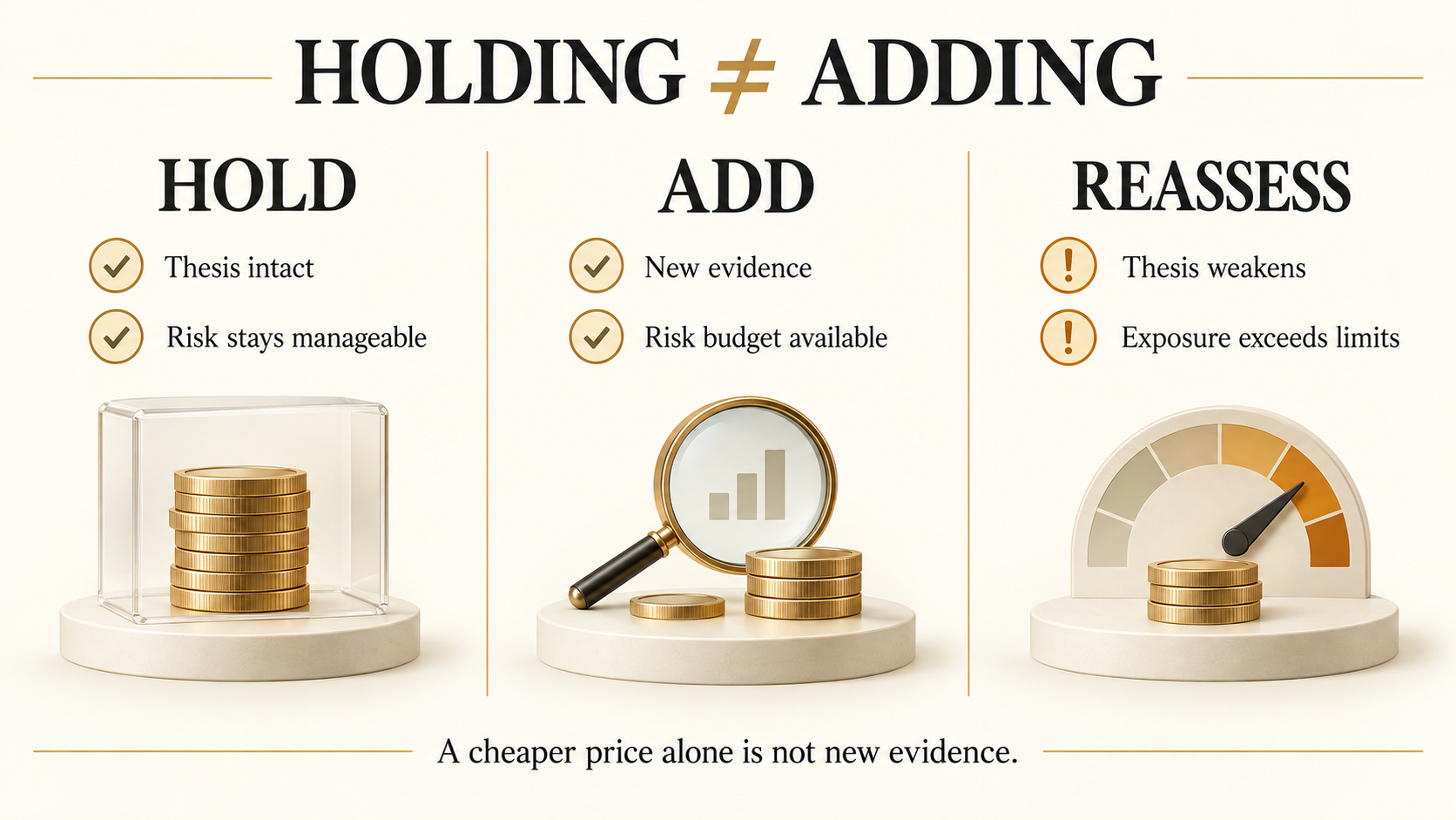 Three conditional choices: hold when the thesis and risk remain manageable, add only with new evidence and risk capacity, or reassess when the thesis weakens