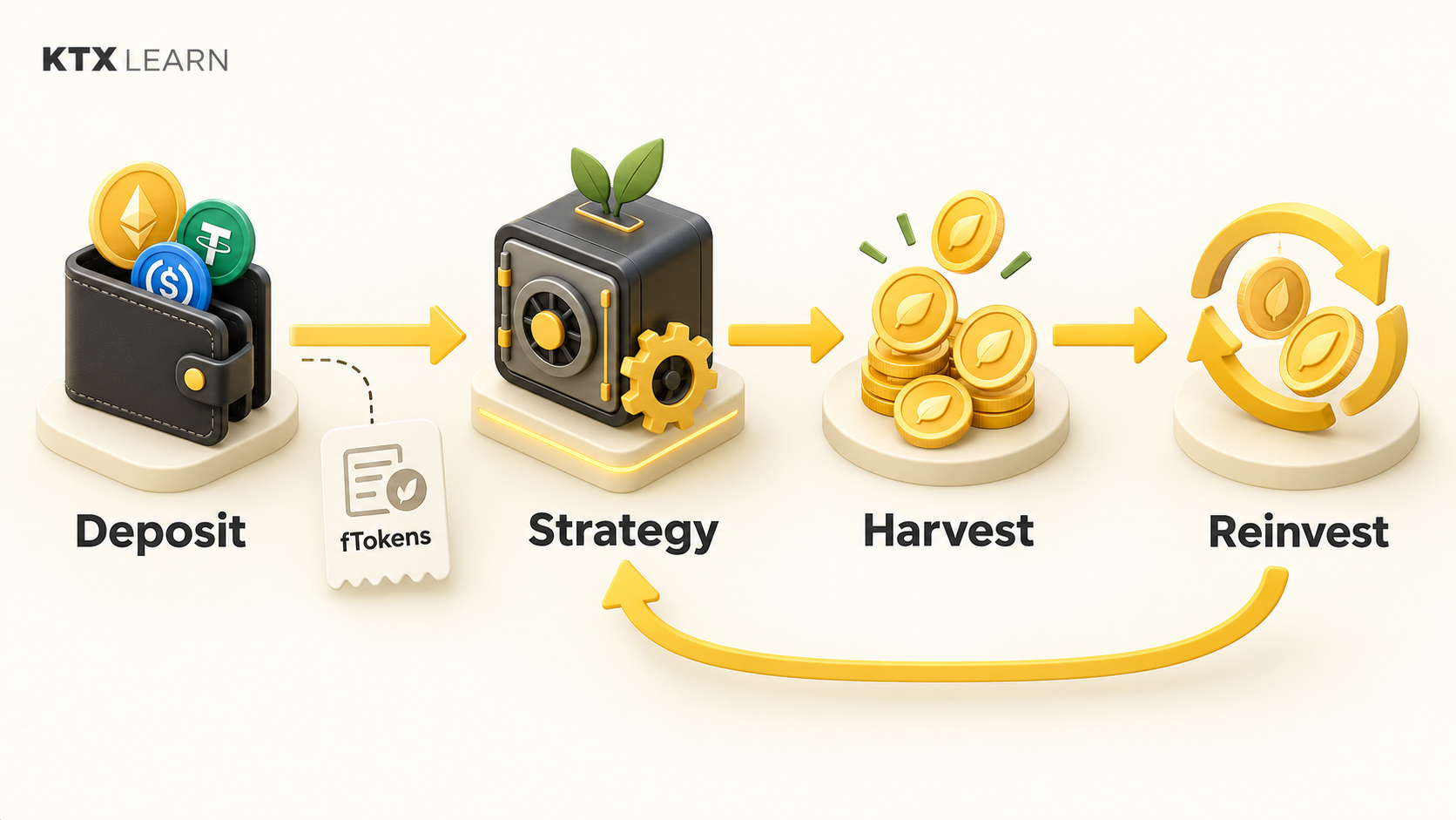 Conceptual Harvest vault flow from deposit to strategy, reward collection and reinvestment, with fTokens representing the depositor’s shares