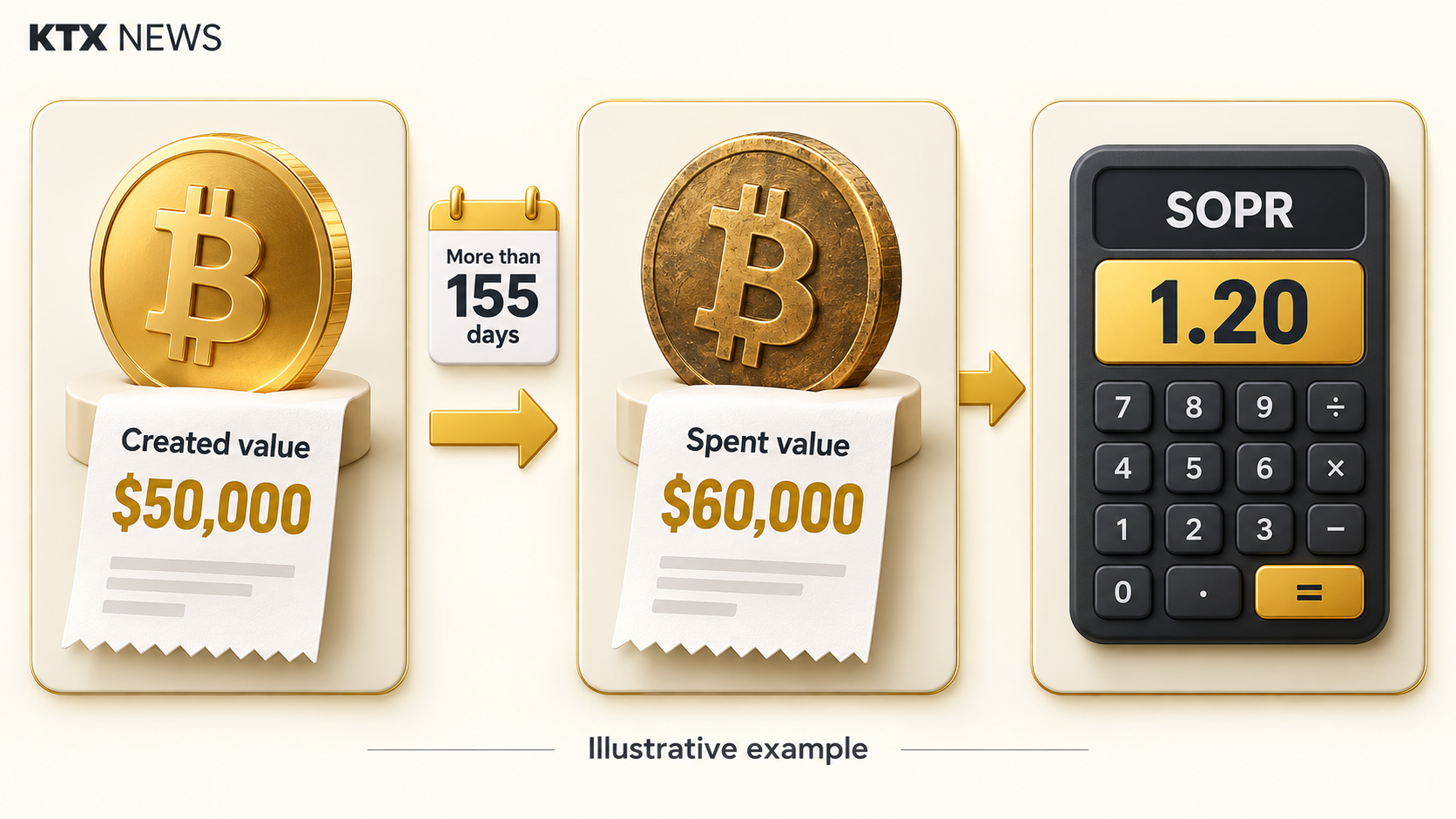 Hypothetical one-BTC output created at a value of $50,000 and spent after more than 155 days at $60,000, producing SOPR of 1.20