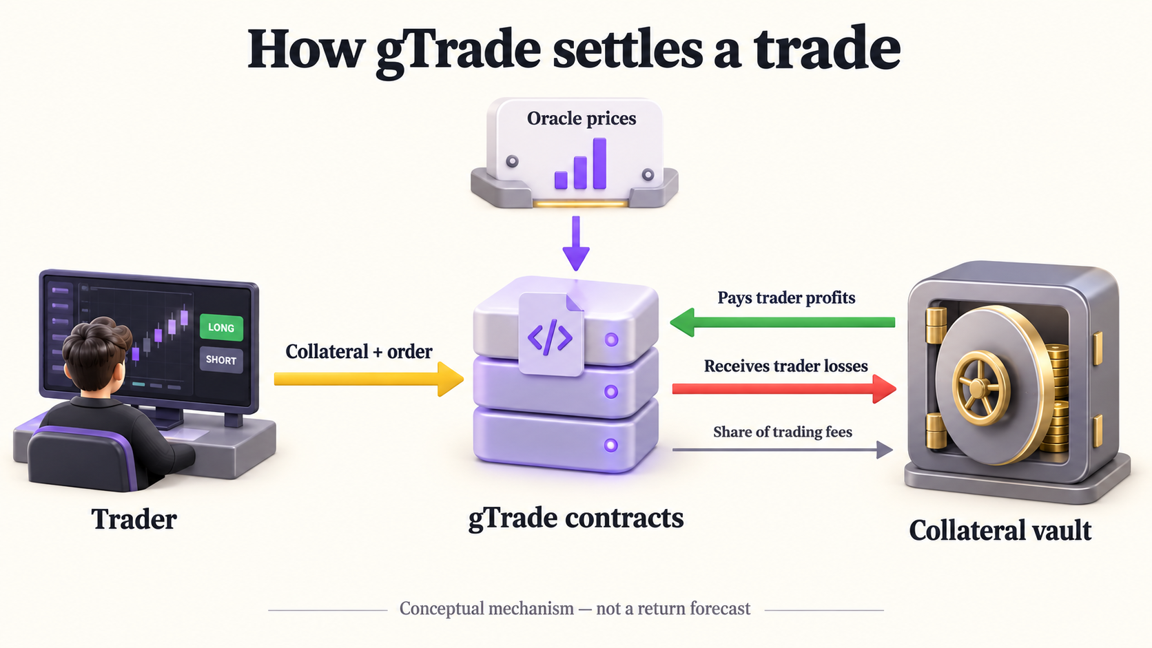 Conceptual gTrade settlement flow: oracle prices feed contracts, the collateral vault pays trader profits and receives trader losses and a share of fees
