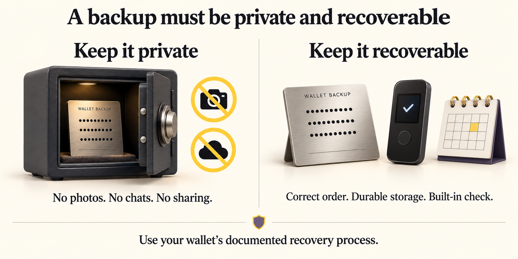 Two backup goals: a masked physical backup kept private, and a durable backup checked through a hardware wallet’s supported process