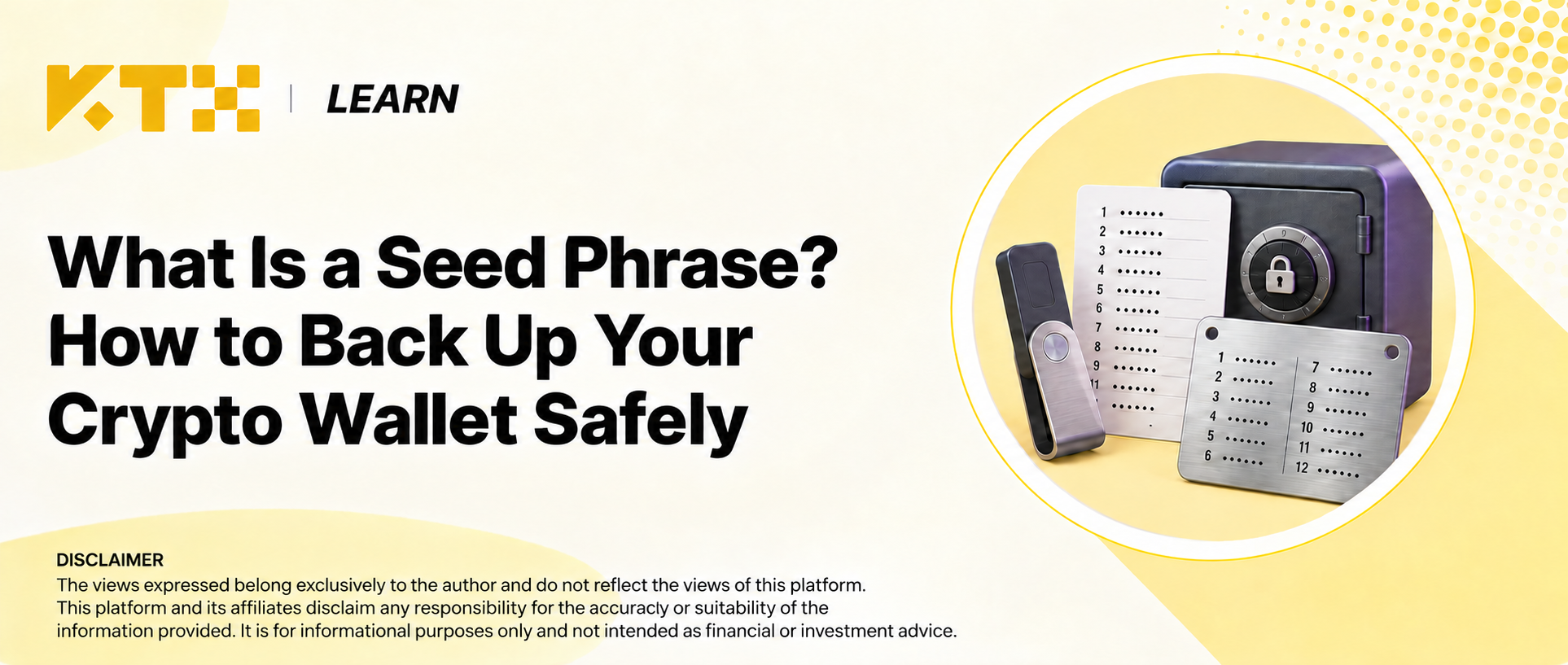 KTX Learn seed phrase cover showing a hardware wallet, physical backup card and metal plate with all secret words masked