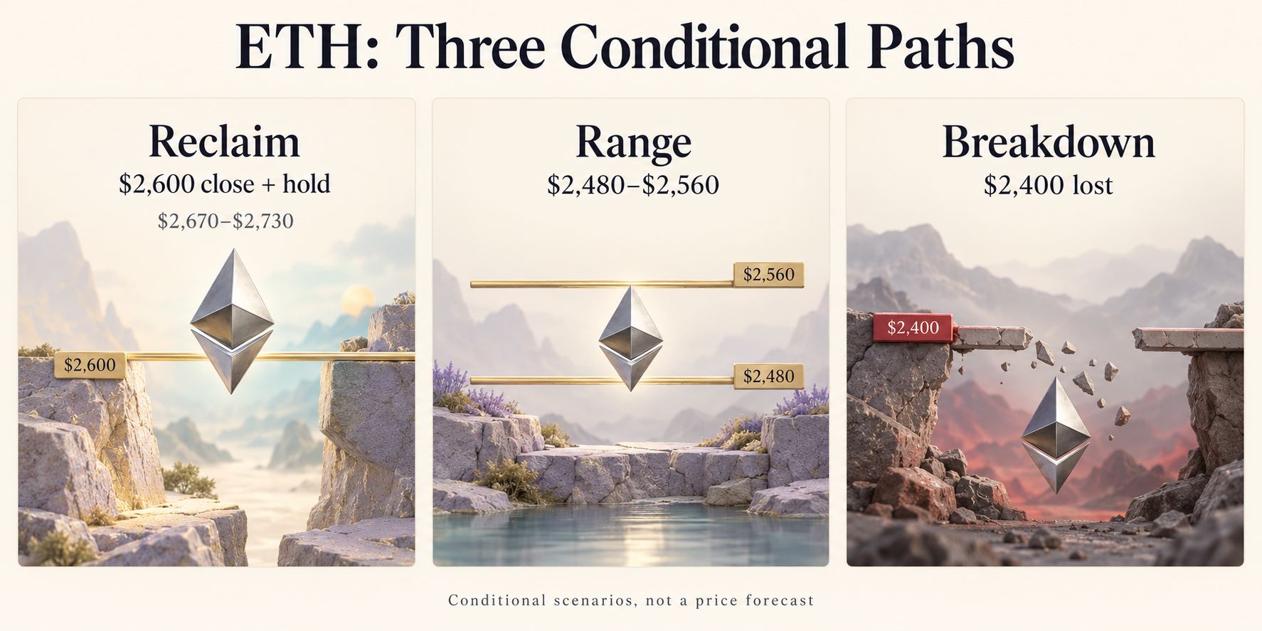Three conditional ETH scenarios: a 2600 dollar close and hold toward 2670 to 2730, a 2480 to 2560 range, or loss of 2400
