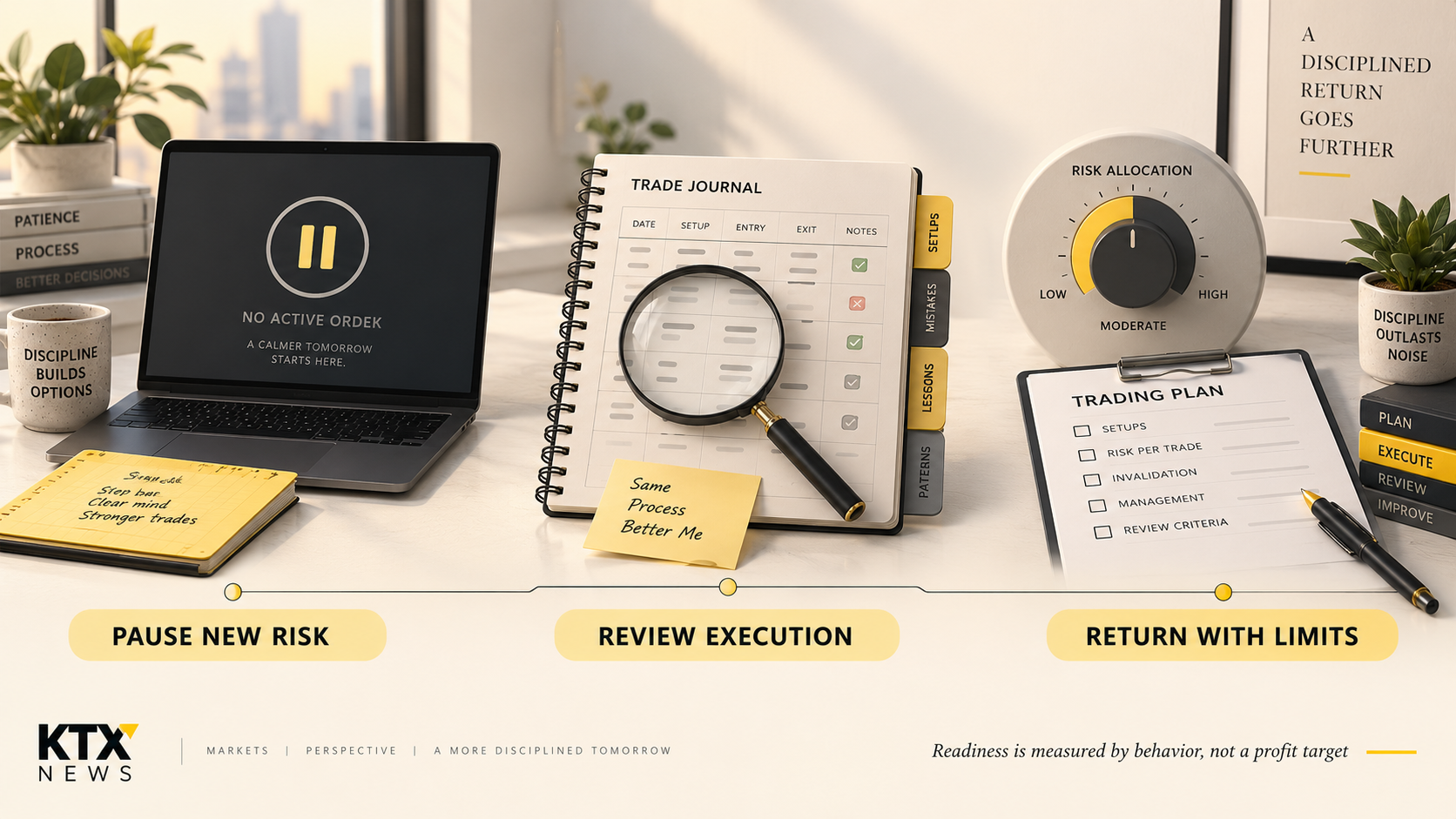 Conceptual trading review illustration moving from pausing new risk to examining execution records and returning with explicit limits