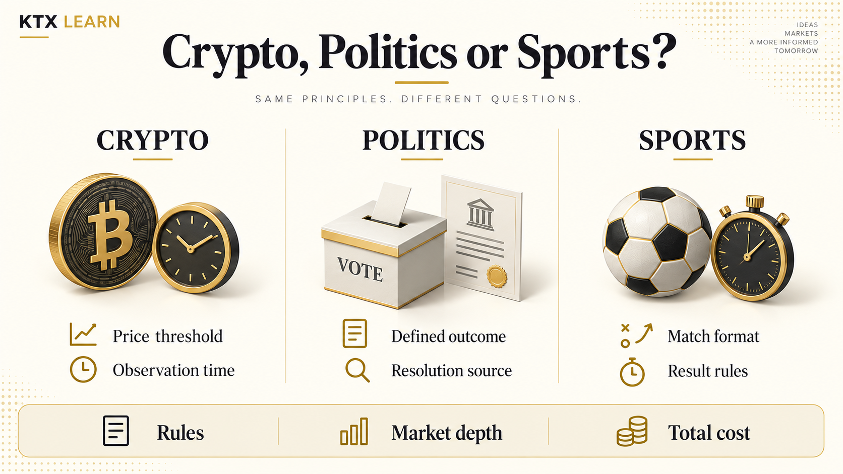 Three prediction-market categories showing crypto price and time, political outcomes and sources, and sports formats and result rules