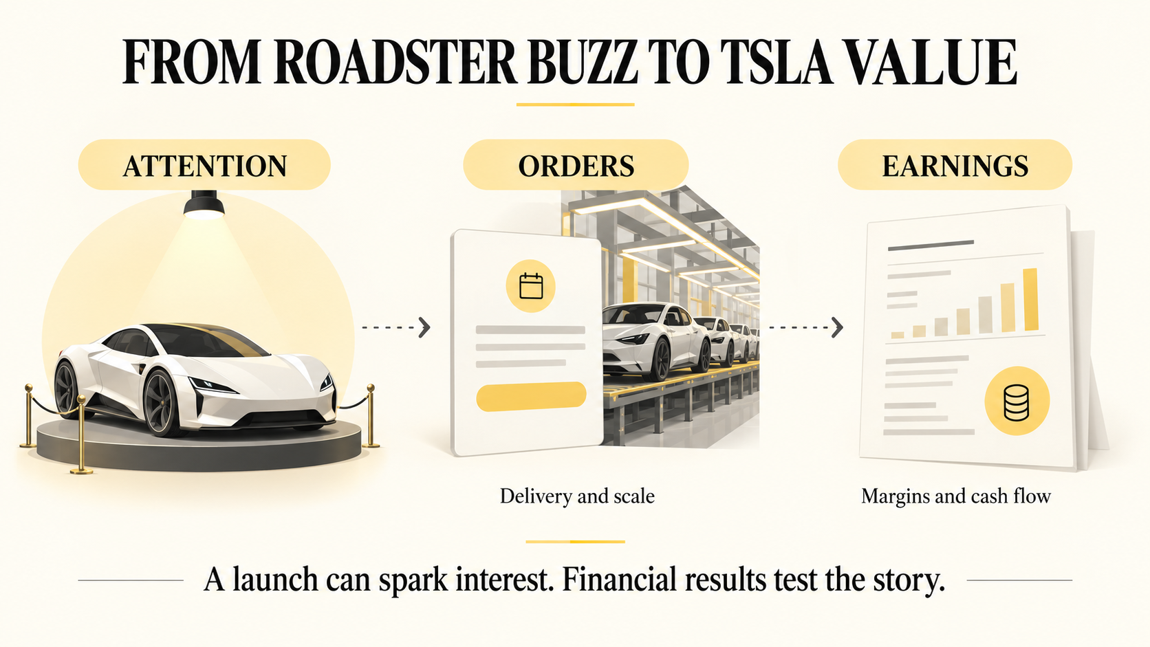 Illustration of the uncertain path from Roadster attention to orders, production scale, margins and cash flow