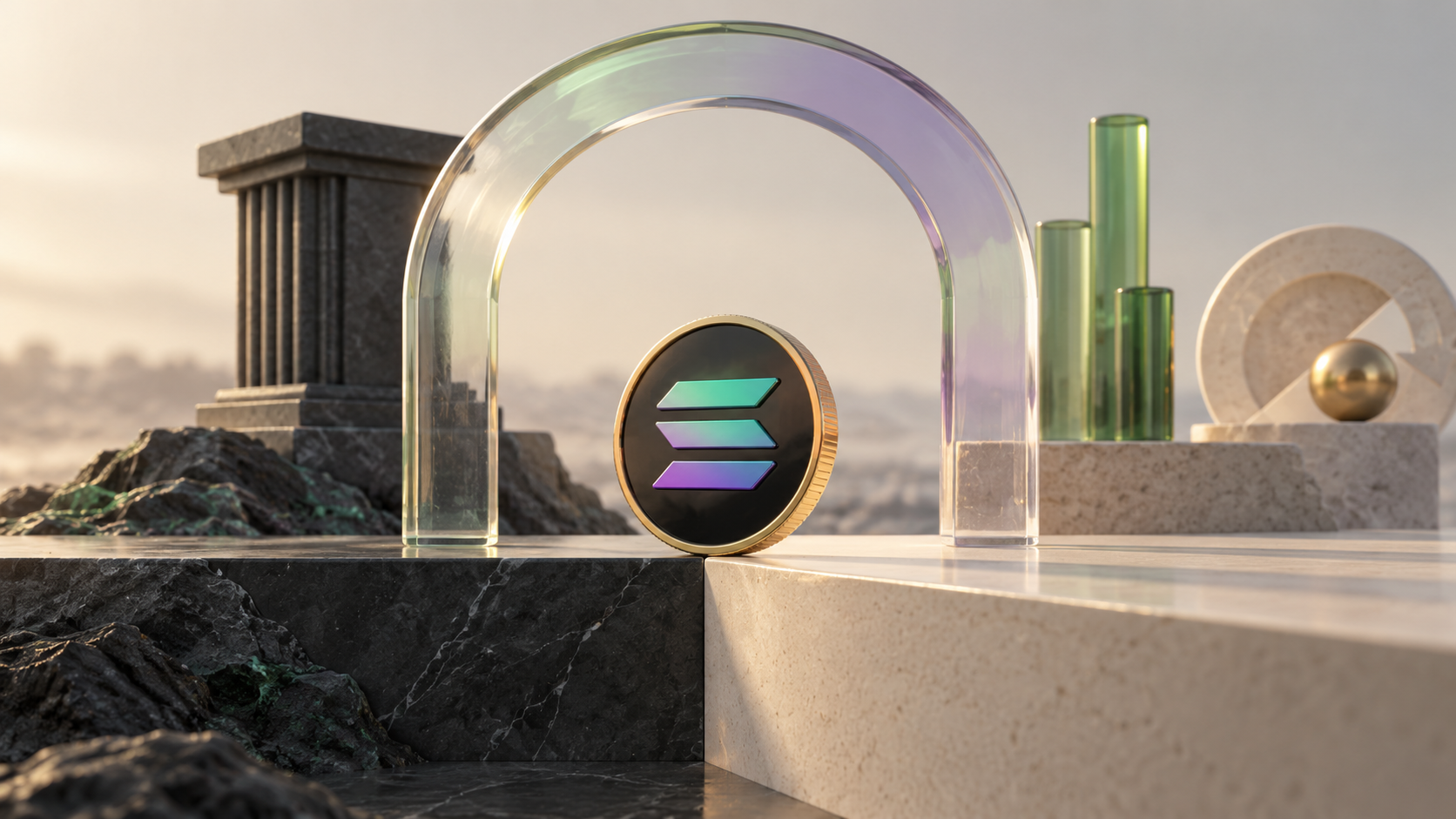 Conceptual illustration of a Solana coin at a threshold supported by a solid platform and structural pillars