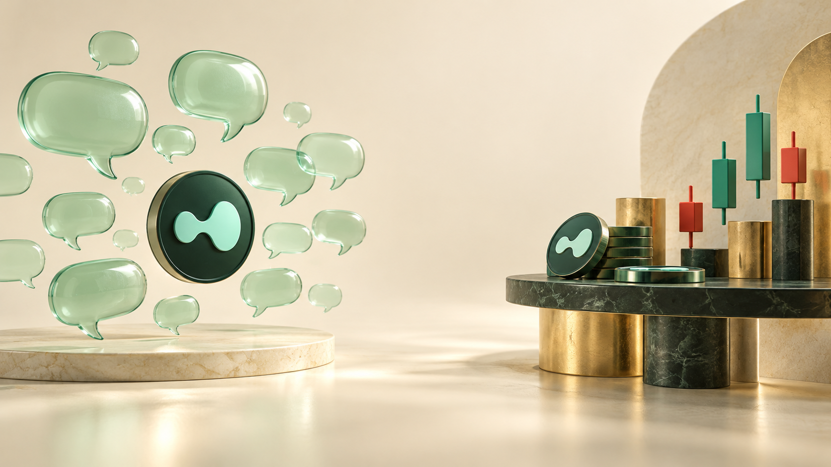 Conceptual illustration separating optimistic speech bubbles around HYPE from coins and candlesticks supported by a solid platform