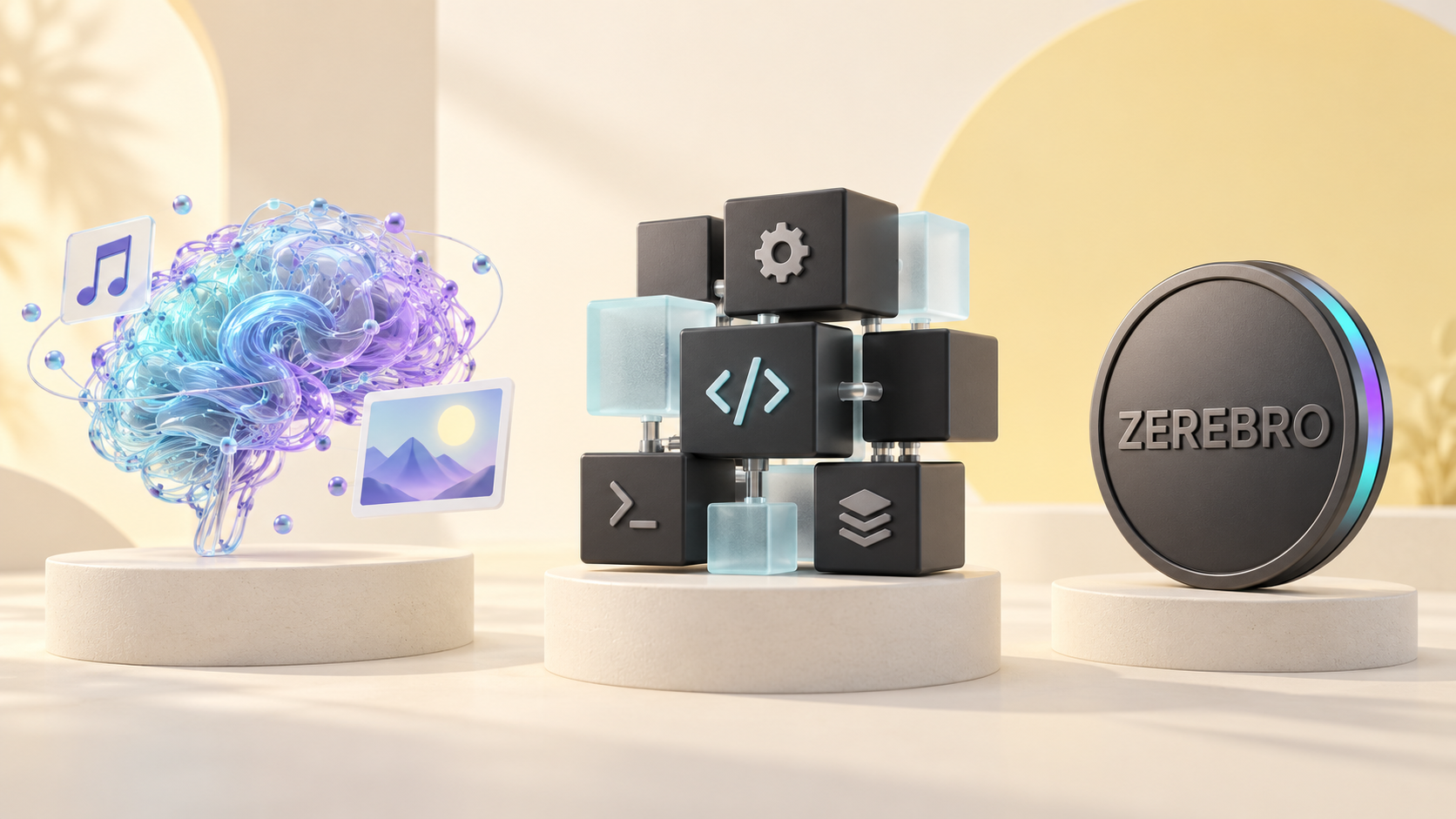 Three separate conceptual objects represent an AI creative agent, modular developer tools and the ZEREBRO token
