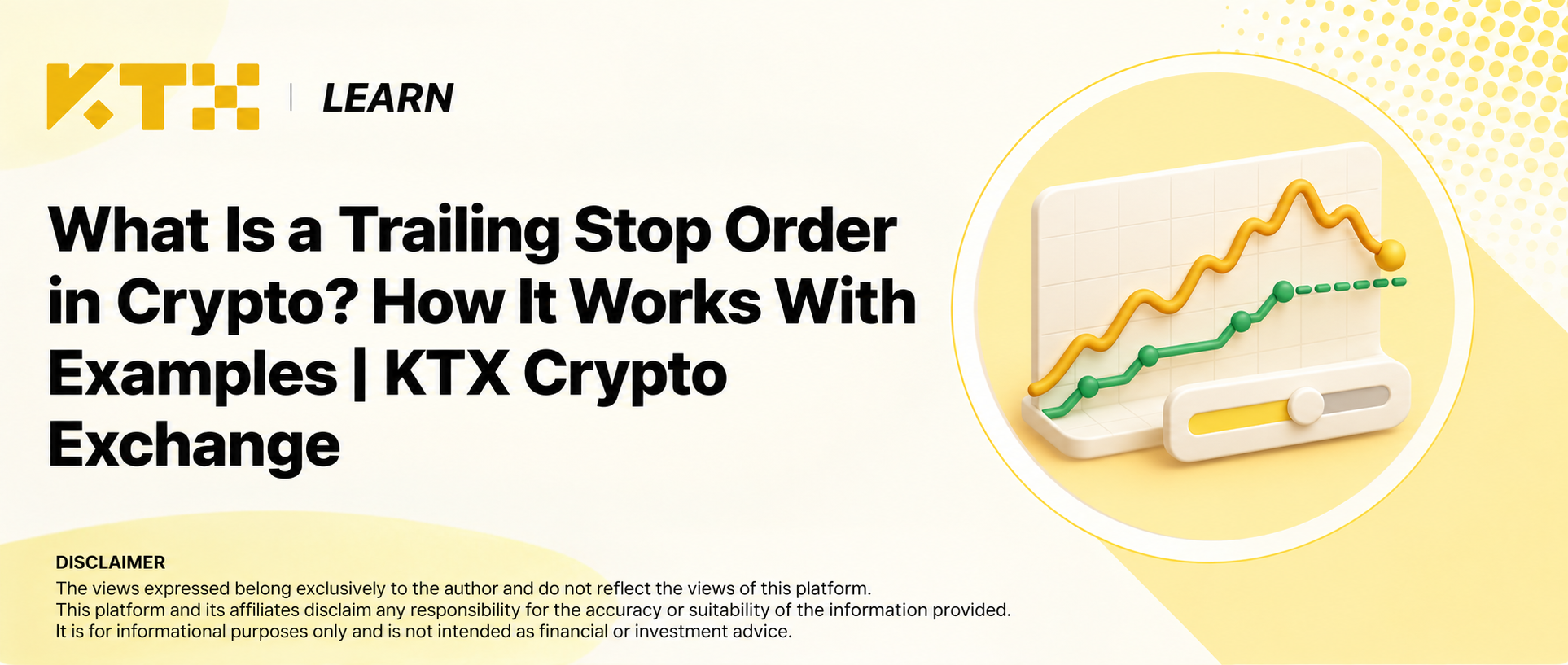 KTX Learn concept illustration of a market-price line and a trailing threshold, introducing trailing stop orders in crypto