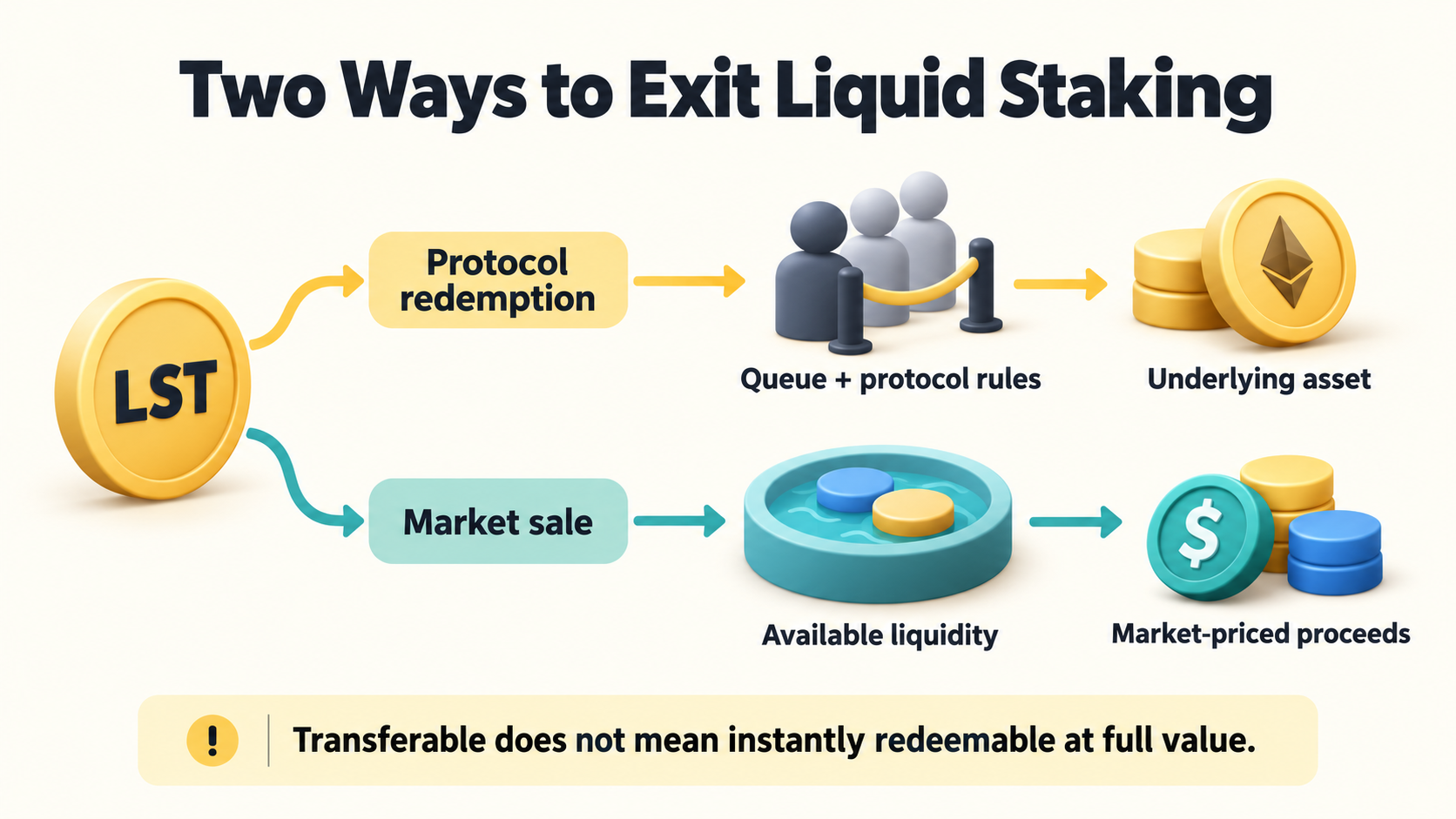 Two liquid staking exit routes: protocol redemption through a queue and protocol rules, or a market sale at prices determined by available liquidity