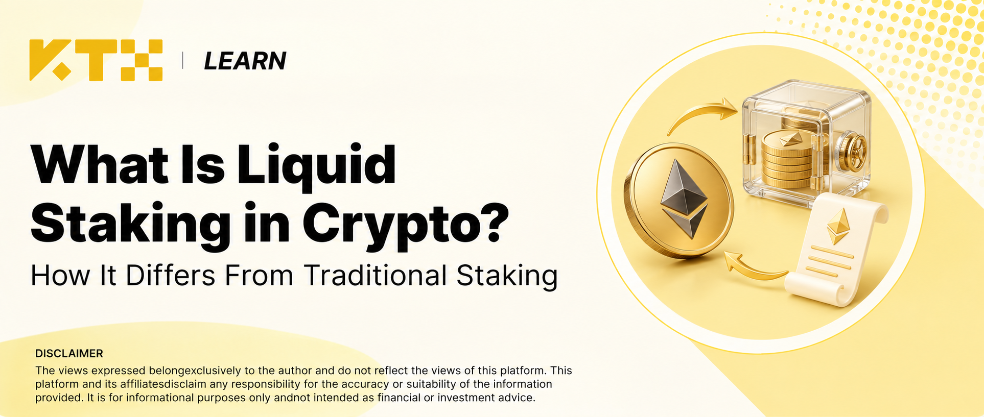KTX Learn cover: liquid staking compared with traditional staking, illustrated by an ETH coin, validator vault and transferable receipt token