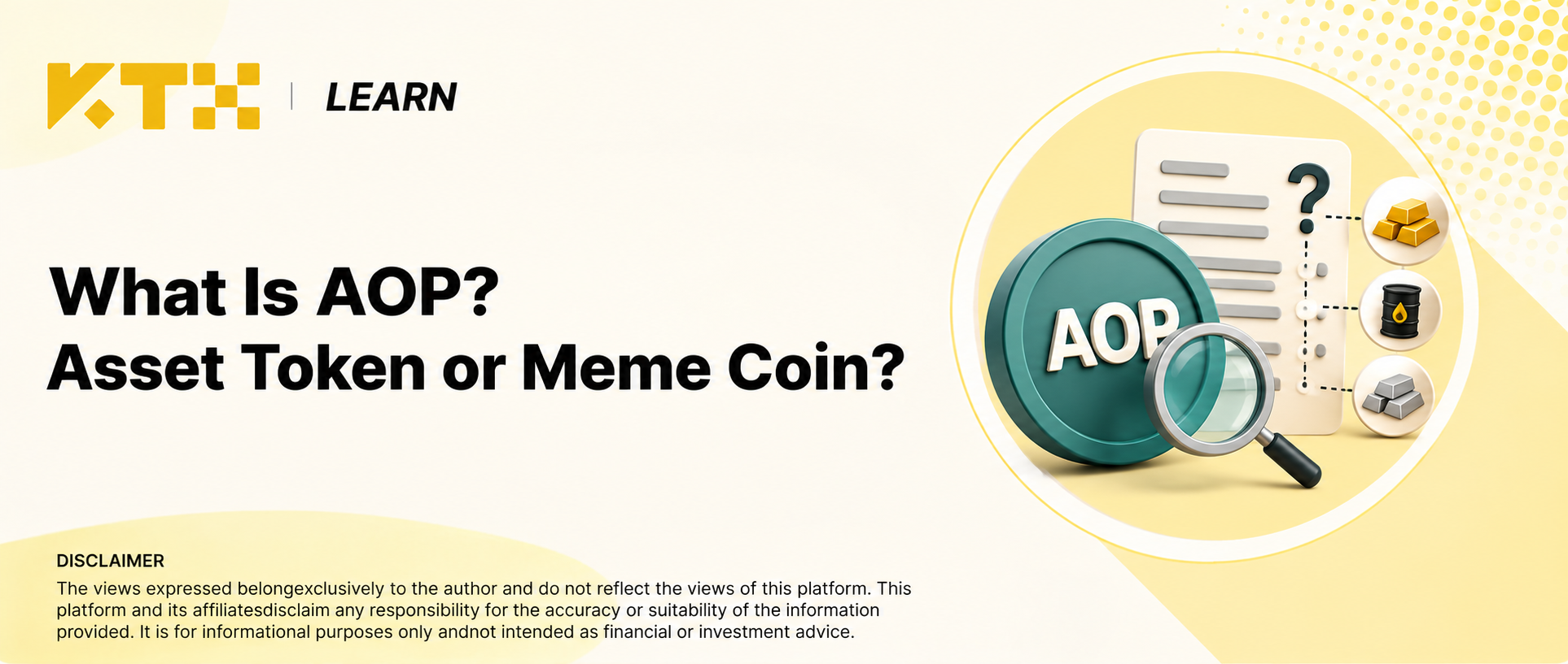 KTX LEARN conceptual illustration of an AOP coin and documents questioning asset-backing claims; not an official token logo or reserve certificate.