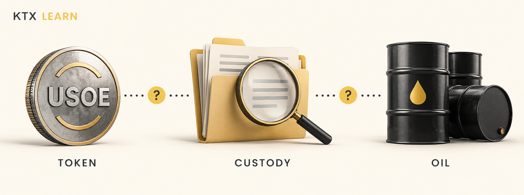 USOE token, custody documents and oil barrels separated by gaps and question marks, illustrating an unverified backing relationship