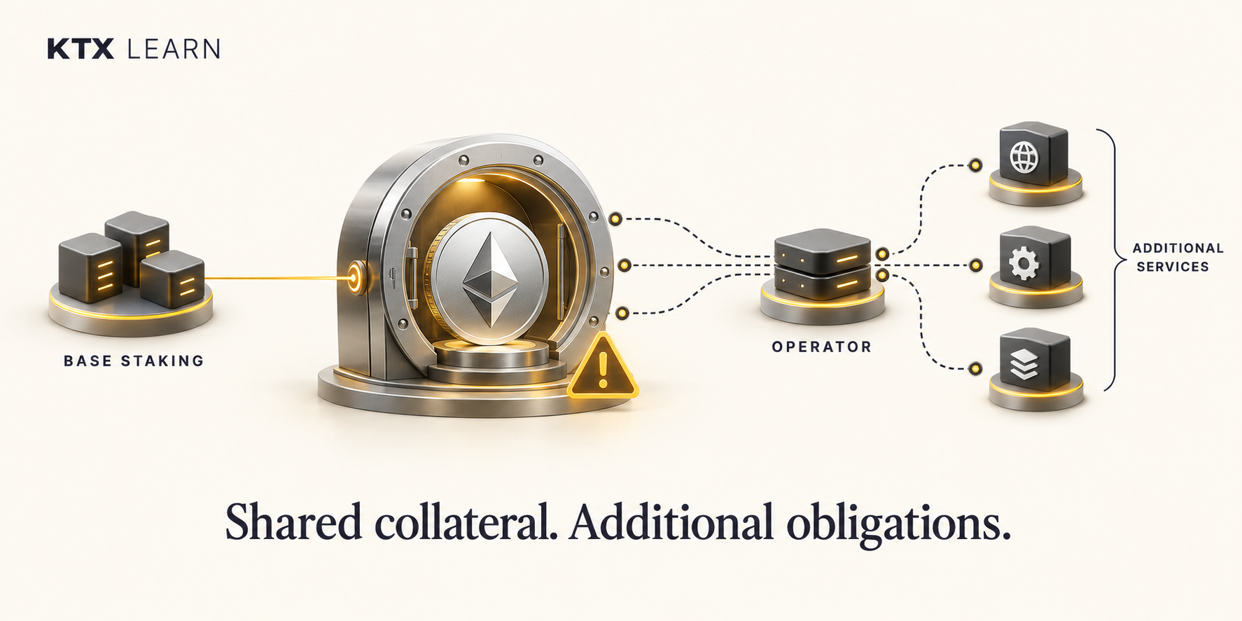 Restaking concept: collateral connected to base staking and an operator serving additional networks, with an added-risk warning