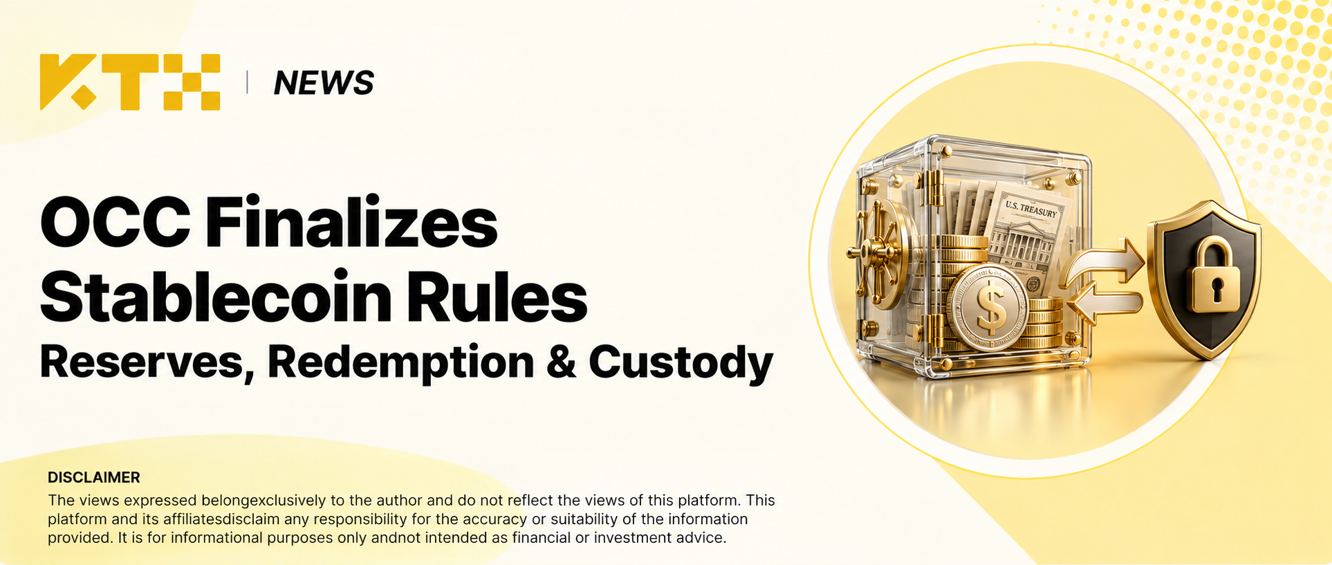 KTX NEWS cover showing a conceptual stablecoin reserve vault, redemption arrows and custody shield.
