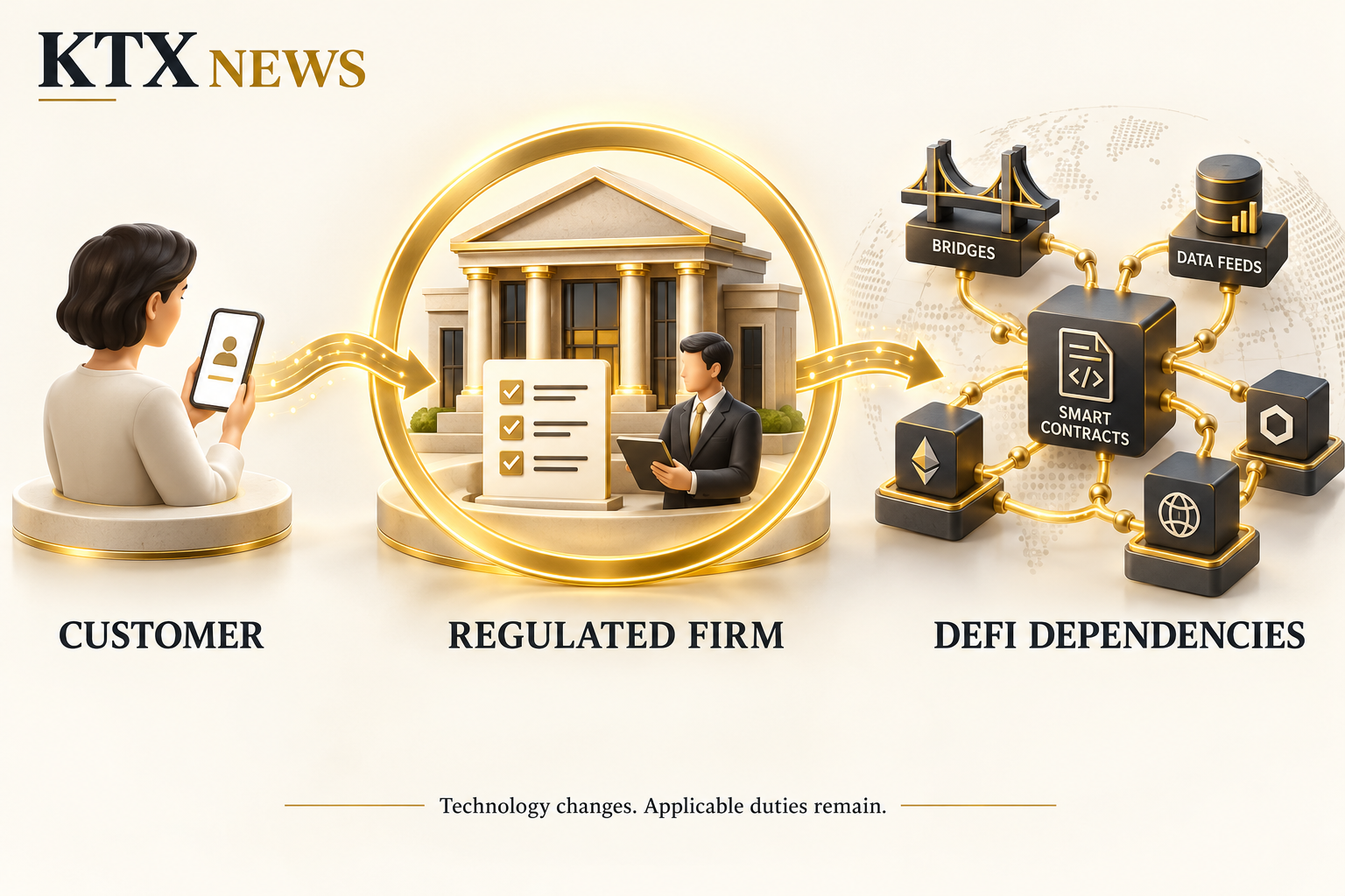 Customer access runs through a regulated firm to DeFi dependencies, while applicable responsibilities remain with the firm