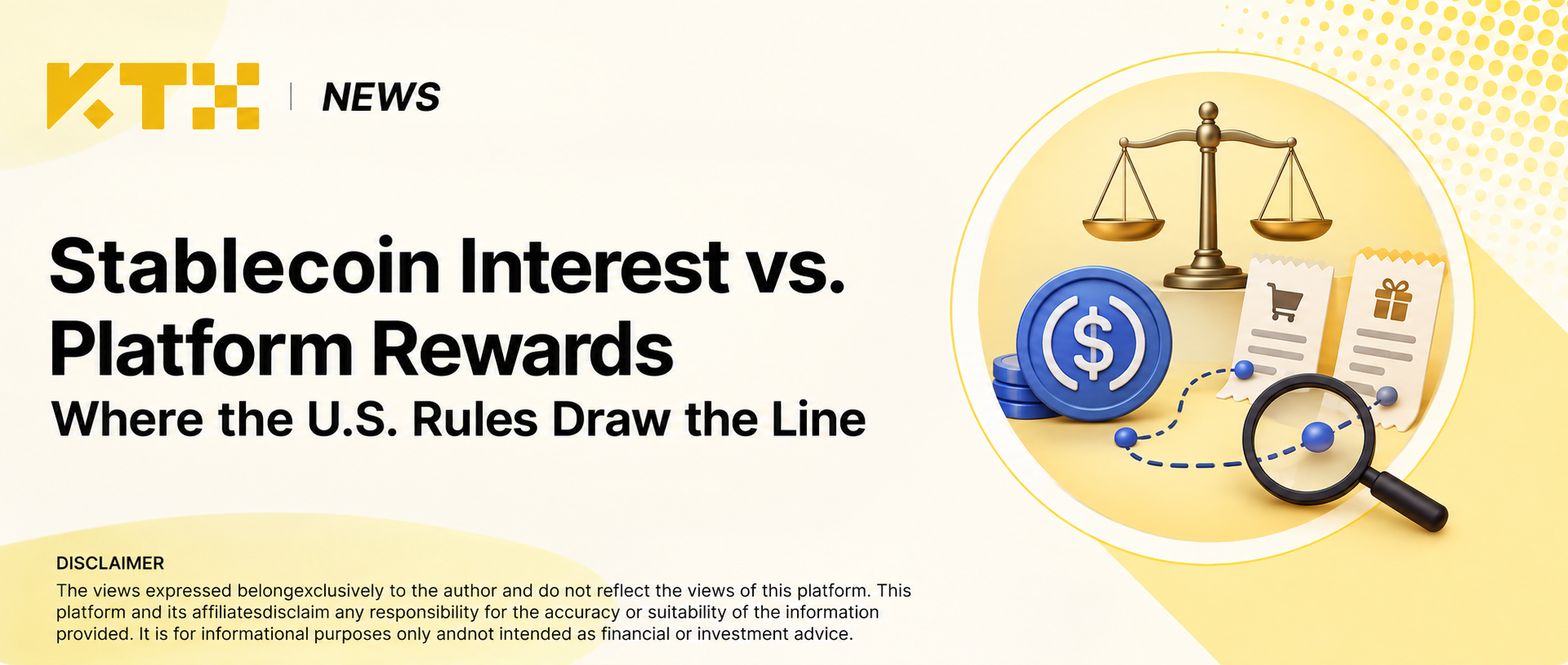 KTX NEWS illustration of stablecoin interest and platform rewards, with separate payment receipts and a magnifying glass