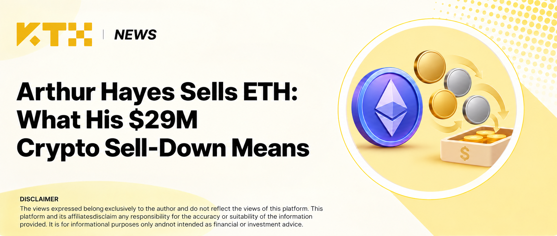 KTX News illustration of Ethereum and an unbranded token portfolio being reduced in favor of cash reserves