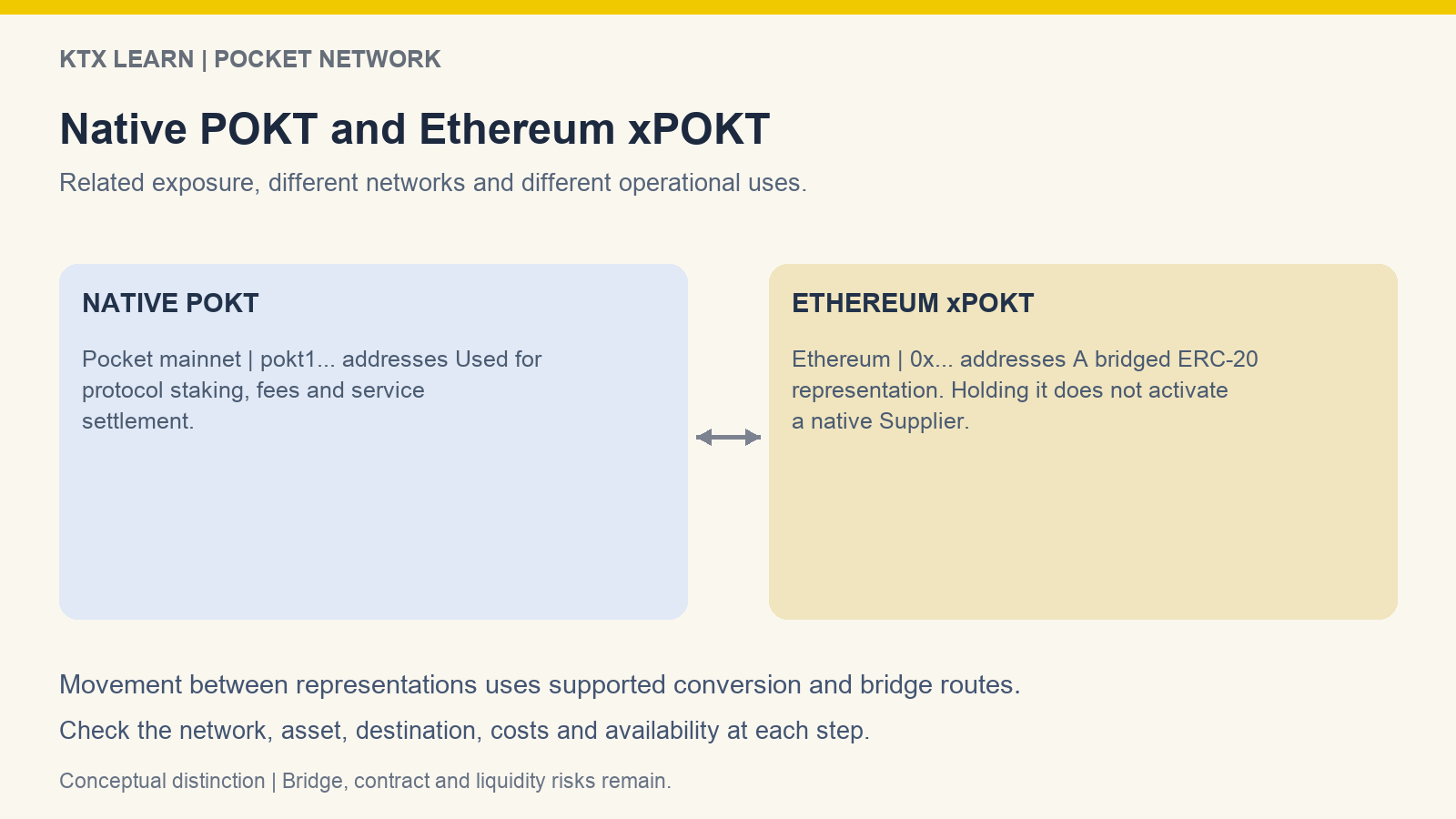Native POKT on Pocket mainnet compared with bridged xPOKT on Ethereum