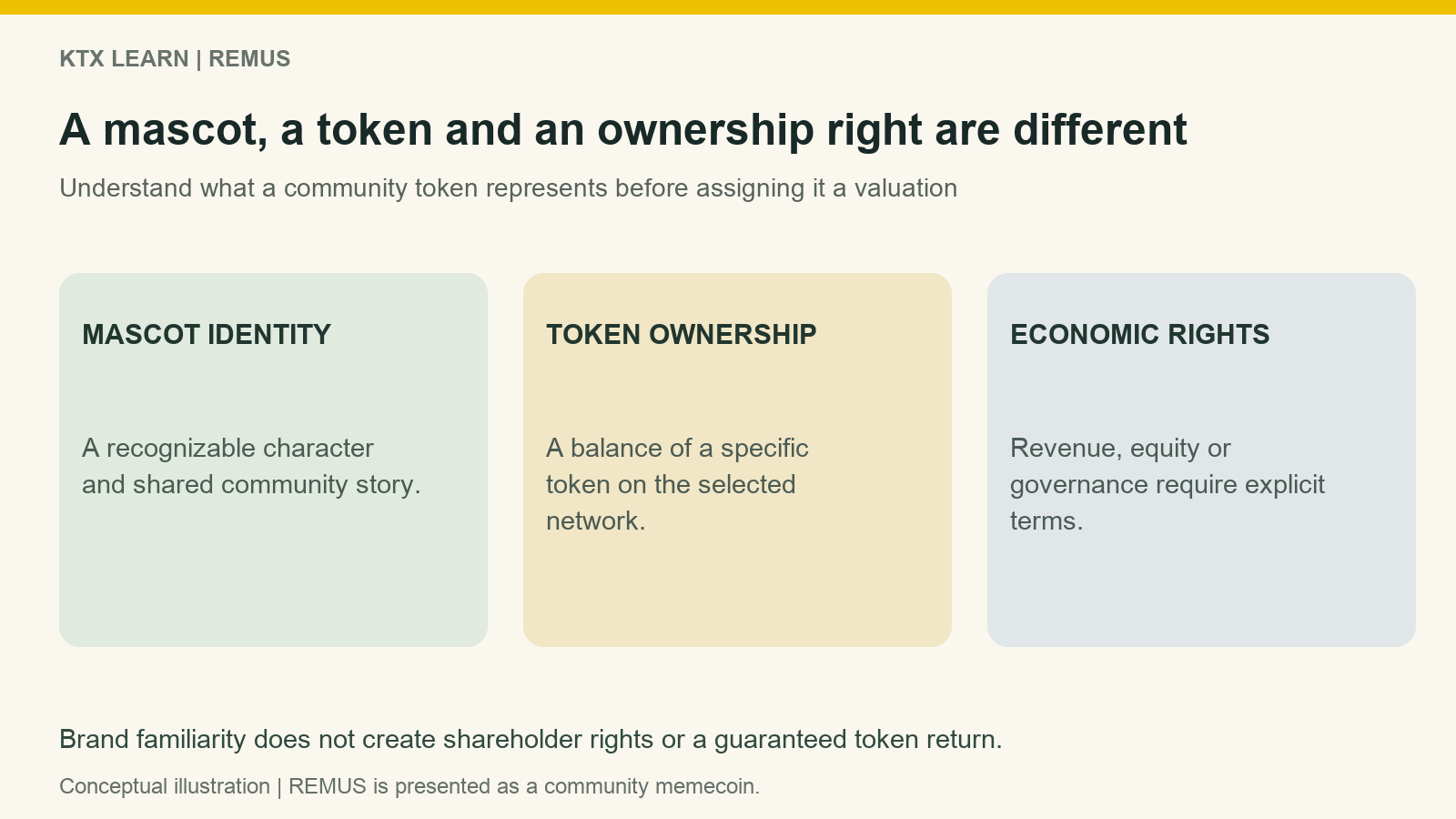 Three separate concepts: mascot identity, ownership of a token balance, and separately defined economic rights