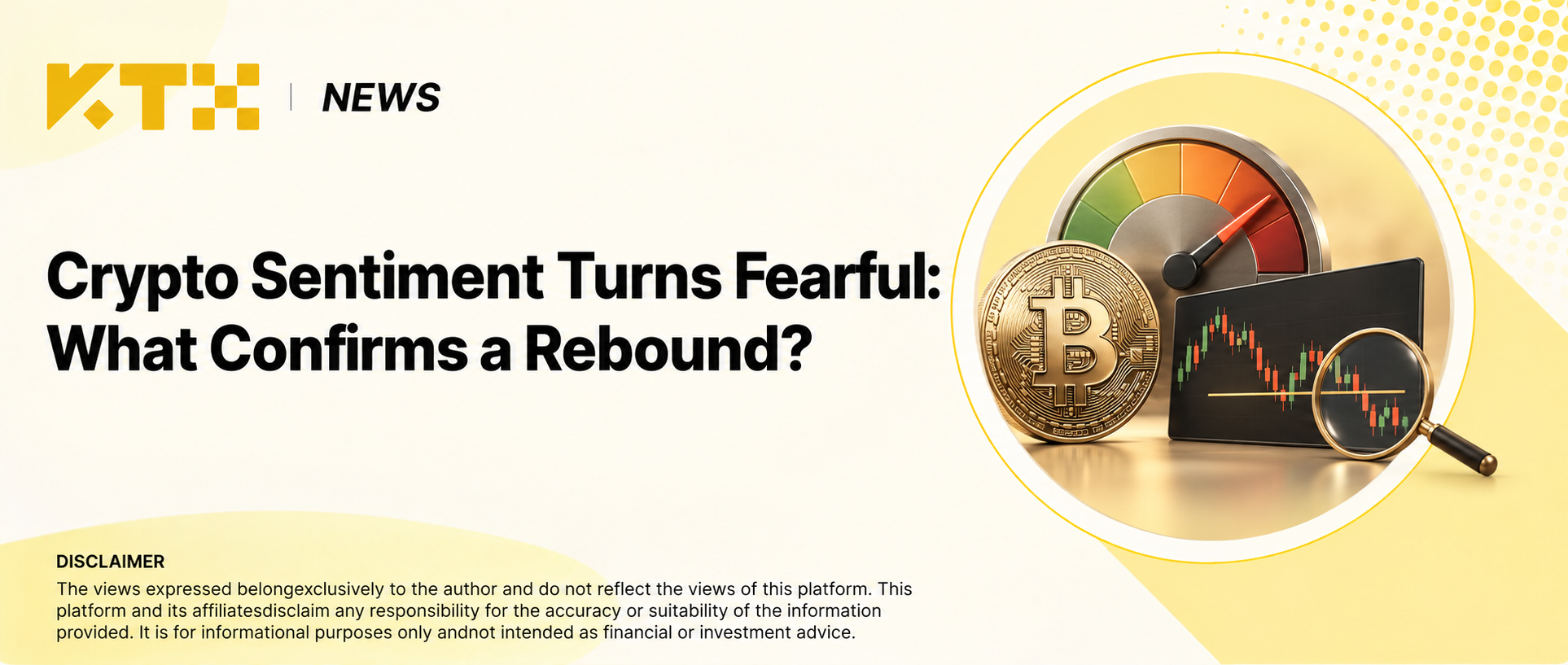 KTX News illustration of a Bitcoin coin, a fearful sentiment gauge and a conceptual price chart under a magnifying glass